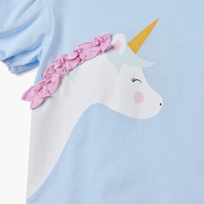 Juniors Unicorn Applique T-shirt with Puff Sleeves