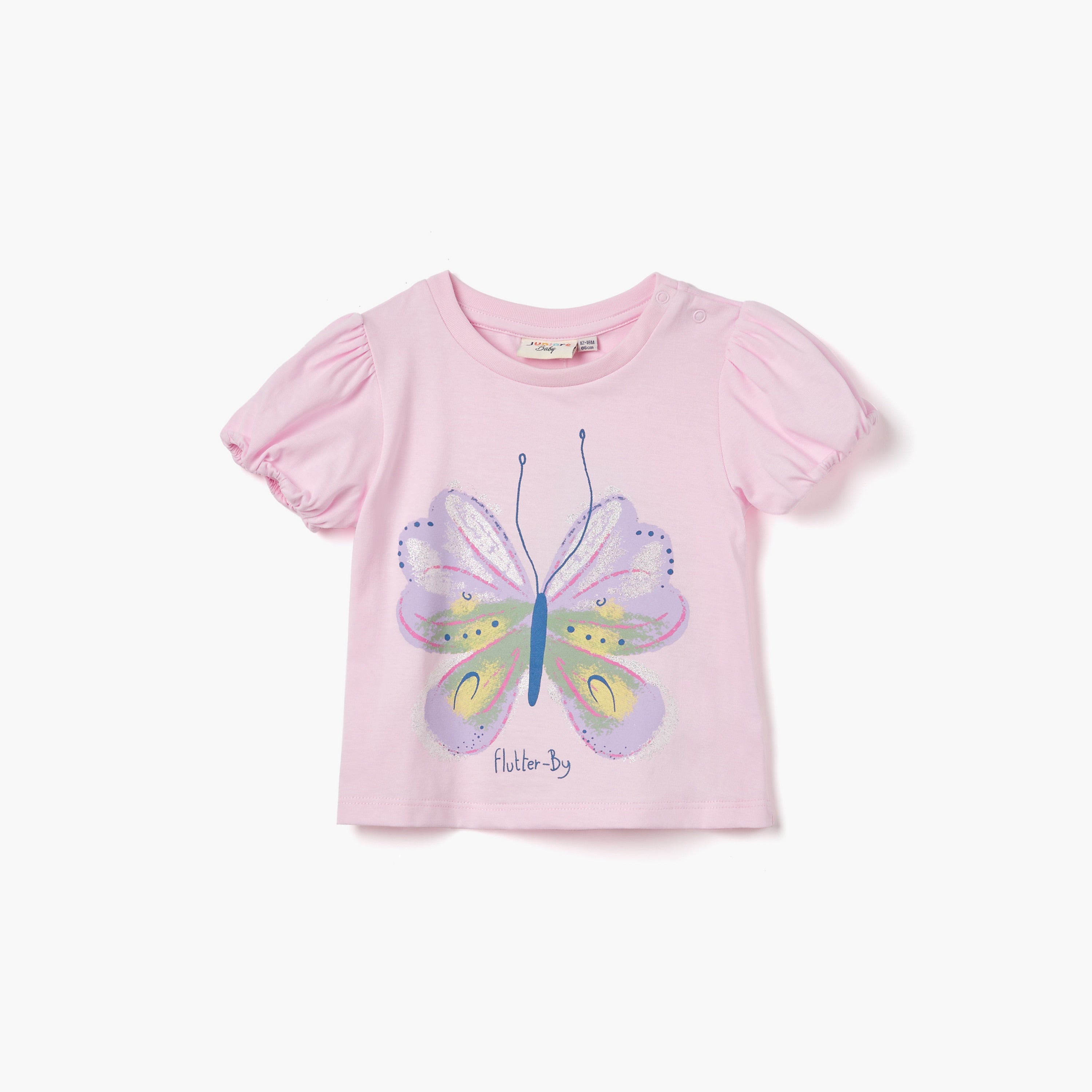 Juniors Butterfly Print T-shirt with Puff Sleeves - Pink / 12-18 mths