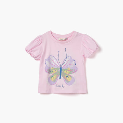Juniors Butterfly Print T-shirt with Puff Sleeves - Pink / 12-18 mths