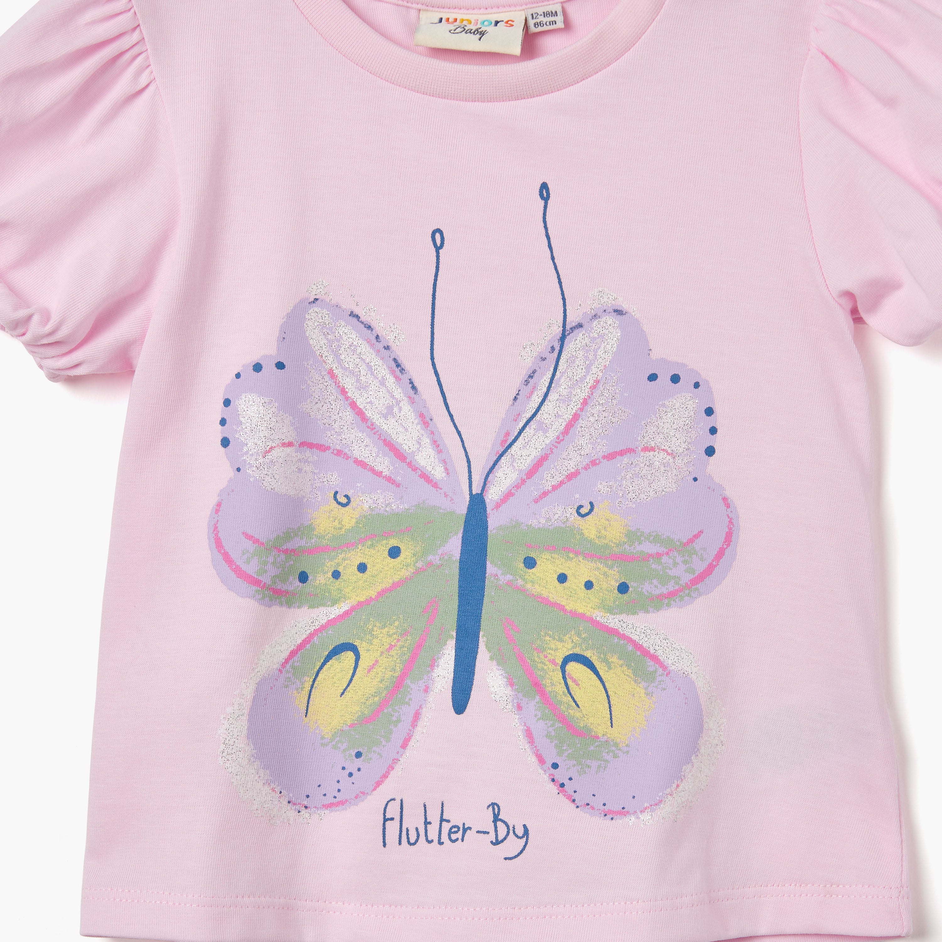 Juniors Butterfly Print T-shirt with Puff Sleeves