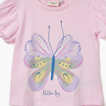 Juniors Butterfly Print T-shirt with Puff Sleeves