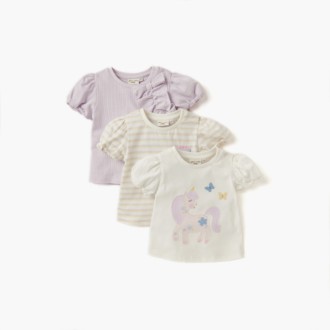 Juniors Assorted T-shirt with Puff Sleeves - Set of 3 - Multicolour / 12-18 mths