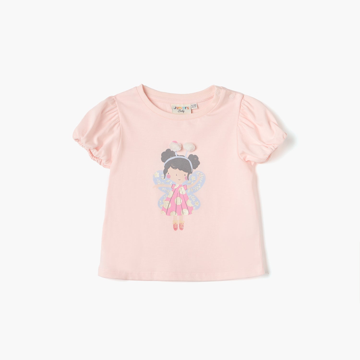 Juniors Graphic Print T-shirt with Puff Sleeves - Pink / 12-18 mths