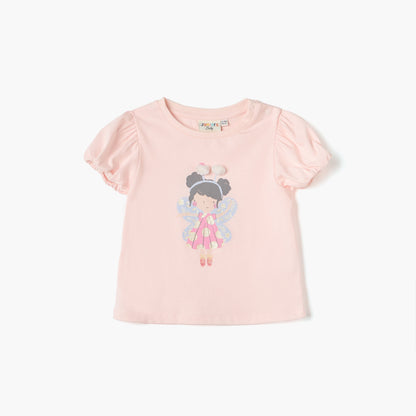 Juniors Graphic Print T-shirt with Puff Sleeves - Pink / 12-18 mths