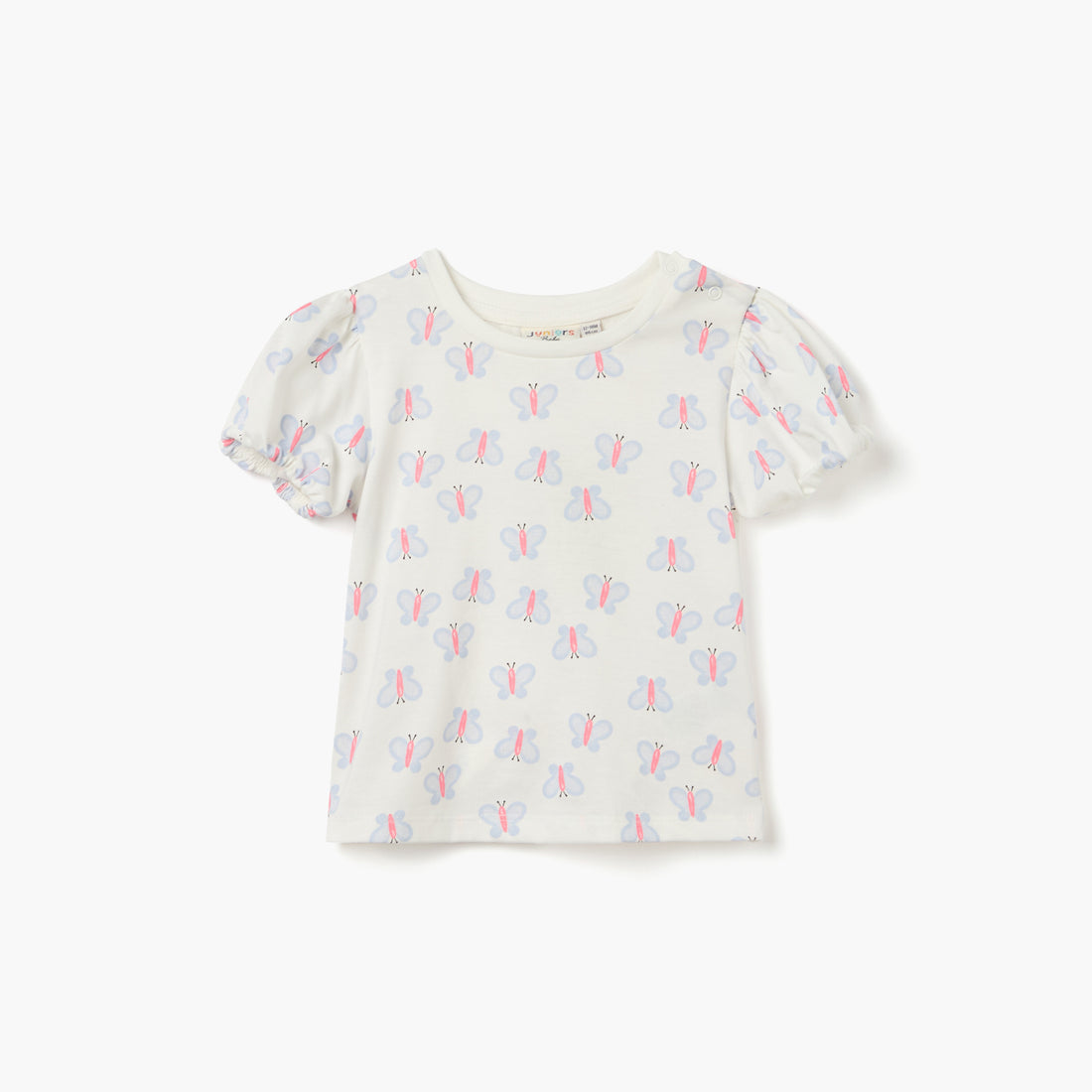 Juniors Butterfly Print Crew Neck T-shirt with Puff Sleeves - White / 12-18 mths