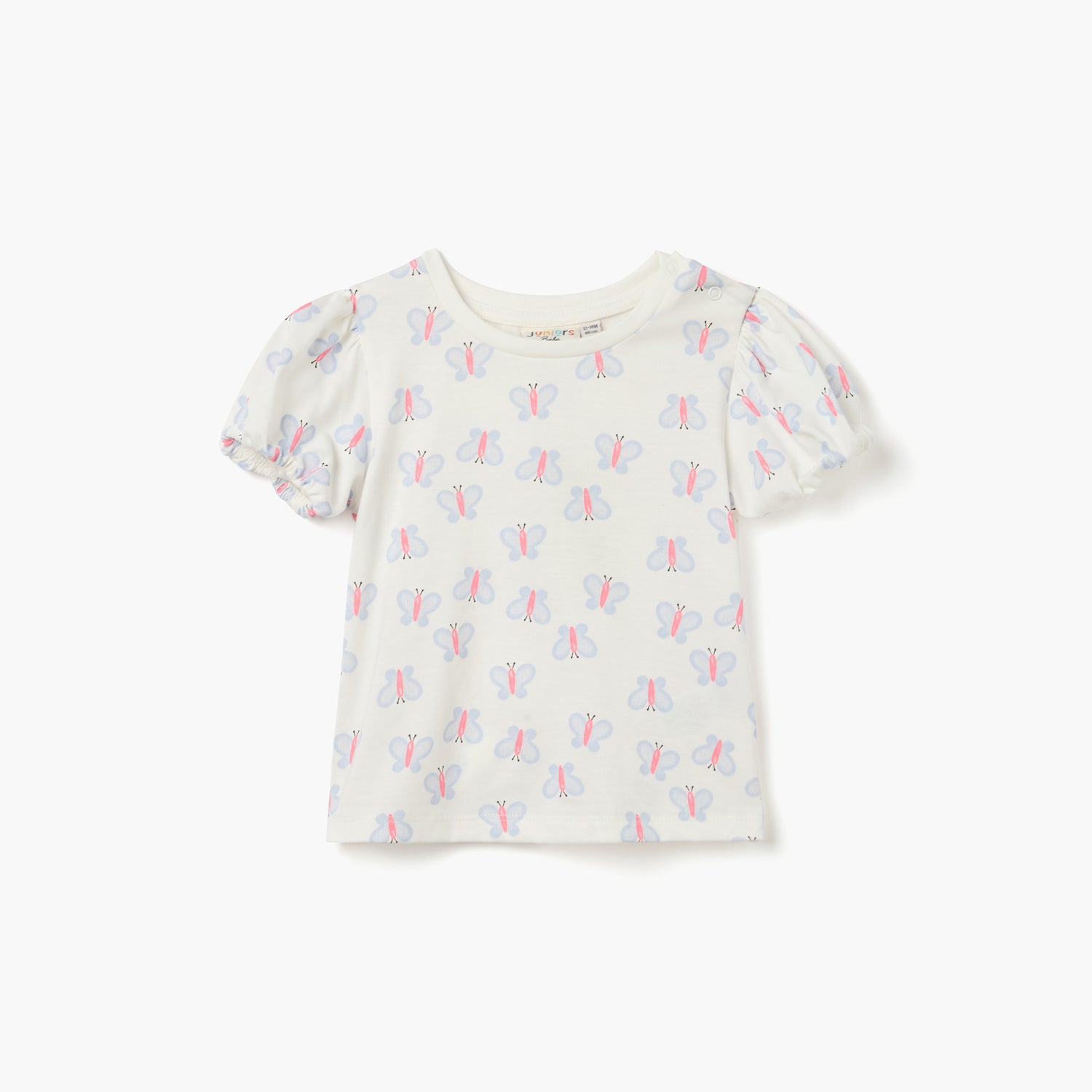 Juniors Butterfly Print Crew Neck T-shirt with Puff Sleeves - White / 12-18 mths