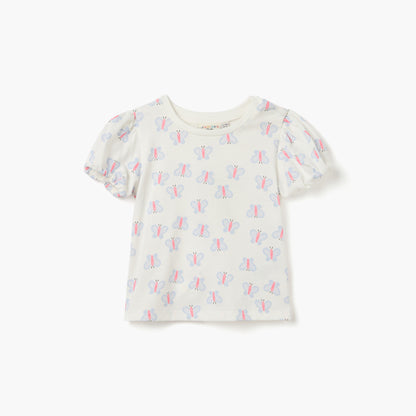Juniors Butterfly Print Crew Neck T-shirt with Puff Sleeves - White / 12-18 mths