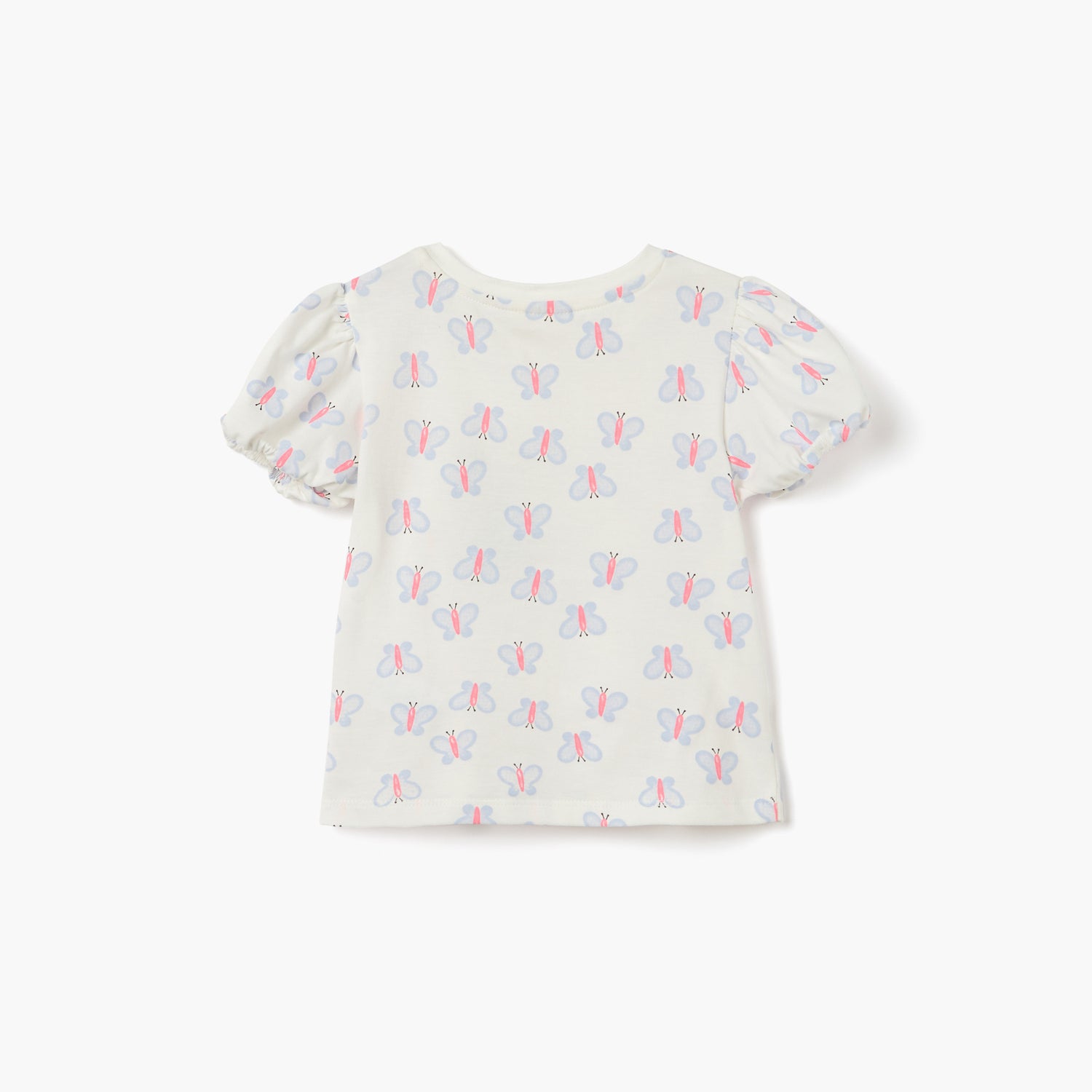 Juniors Butterfly Print Crew Neck T-shirt with Puff Sleeves