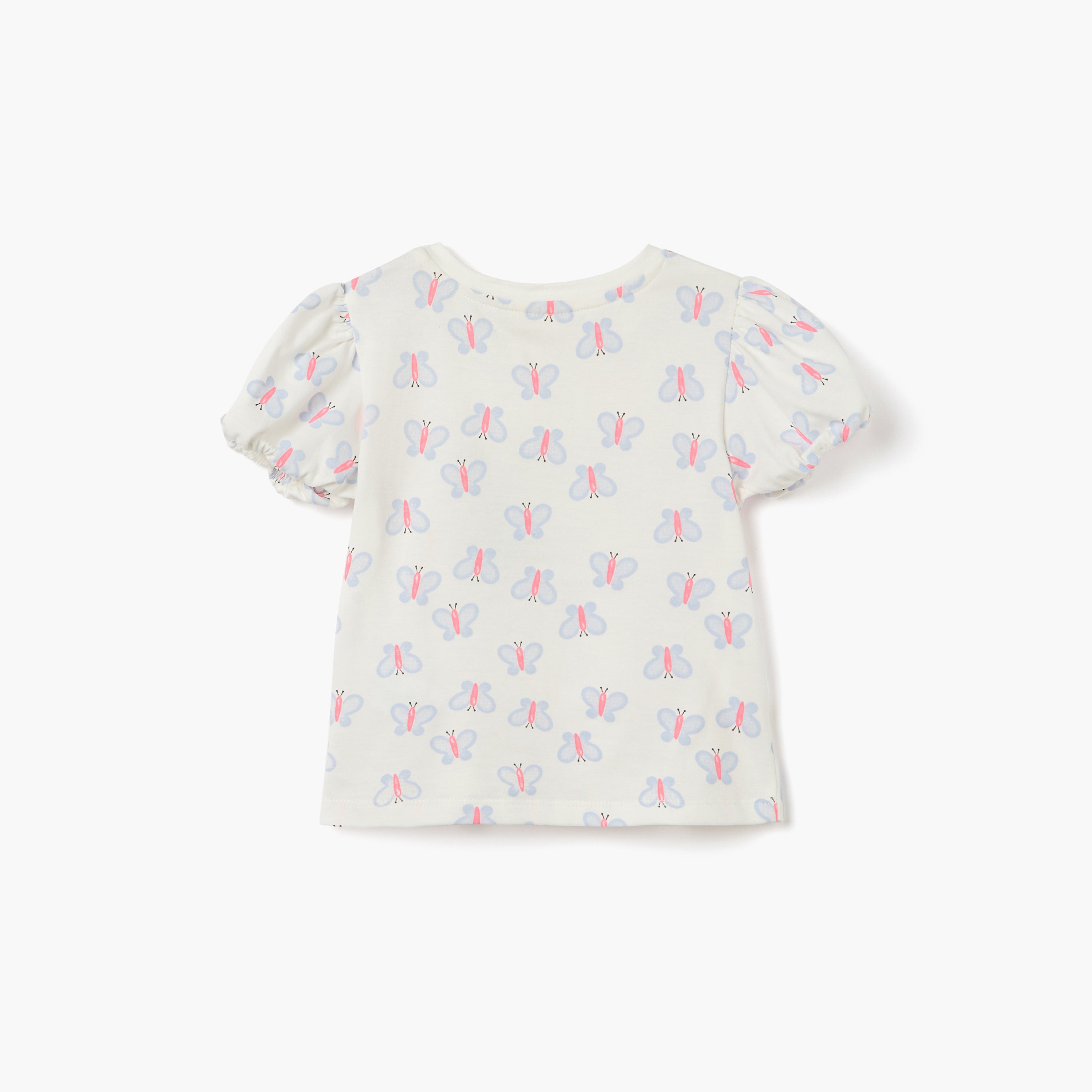 Juniors Butterfly Print Crew Neck T-shirt with Puff Sleeves