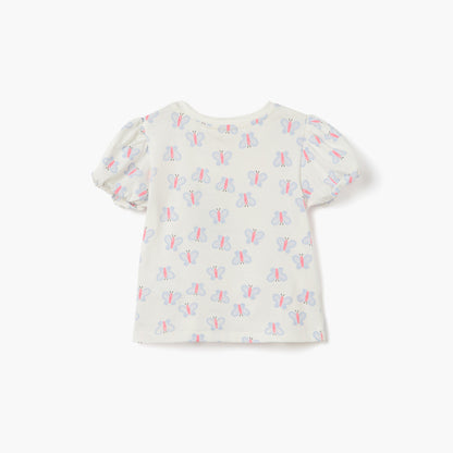 Juniors Butterfly Print Crew Neck T-shirt with Puff Sleeves