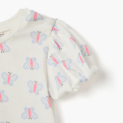 Juniors Butterfly Print Crew Neck T-shirt with Puff Sleeves