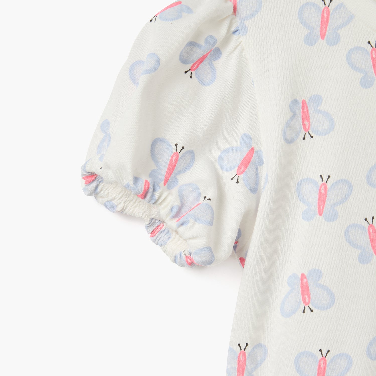 Juniors Butterfly Print Crew Neck T-shirt with Puff Sleeves