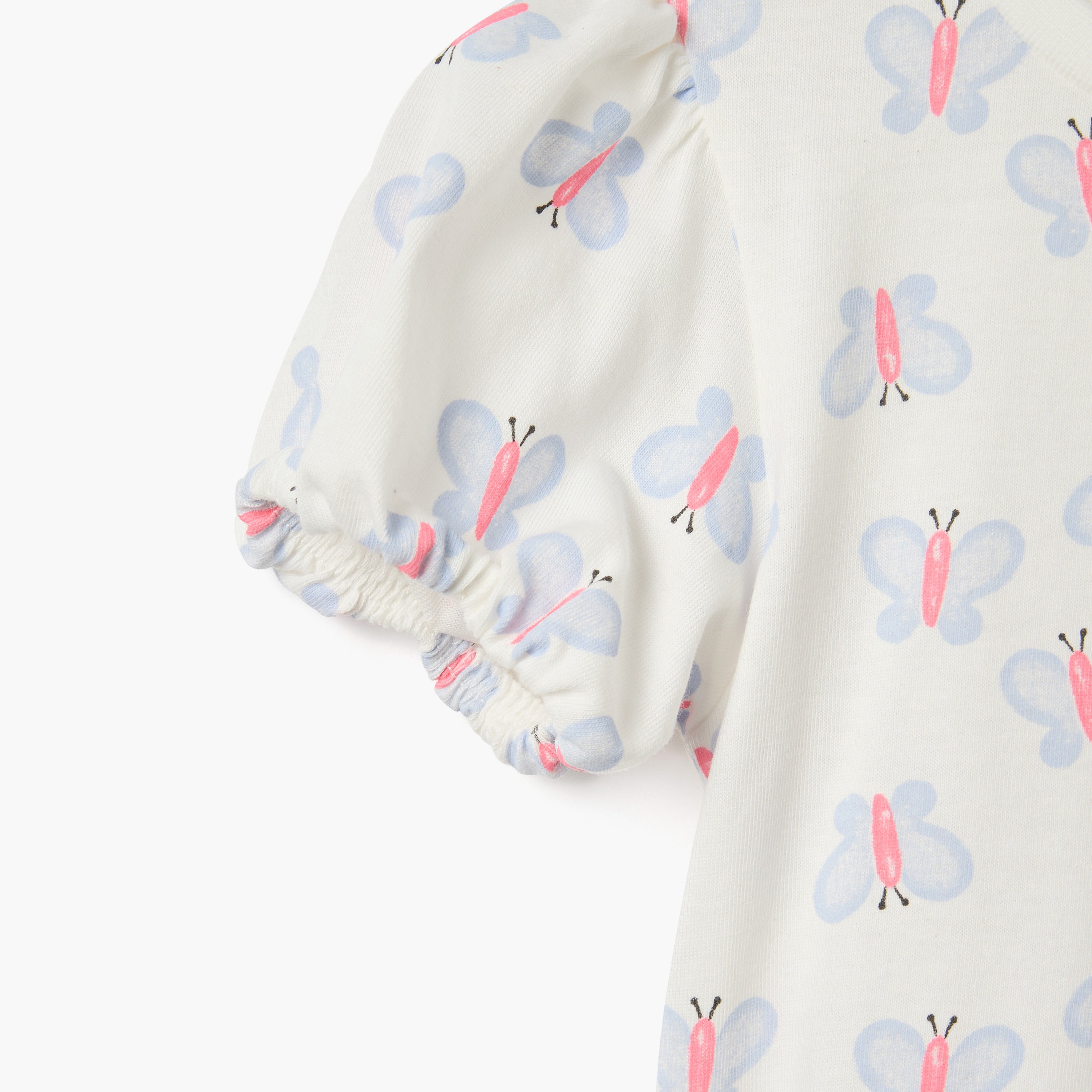 Juniors Butterfly Print Crew Neck T-shirt with Puff Sleeves