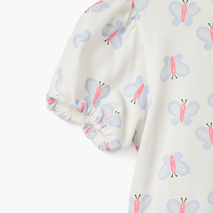 Juniors Butterfly Print Crew Neck T-shirt with Puff Sleeves