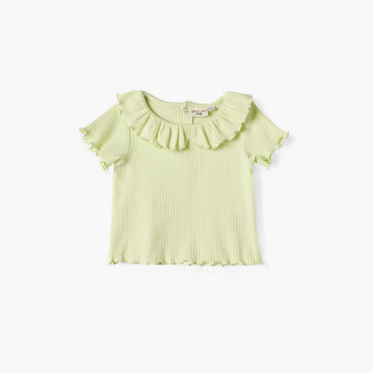 Juniors Ribbed Top with Ruffle Detail and Short Sleeves - Green / 12-18 mths