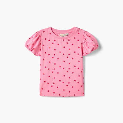 Juniors All-Over Heart Print T-shirt with Balloon Sleeves - Pink / 12-18 mths