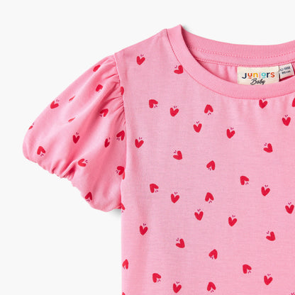 Juniors All-Over Heart Print T-shirt with Balloon Sleeves