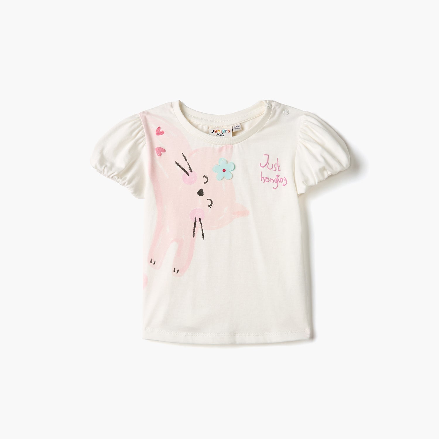 Juniors Cat Print T-shirt with Balloon Sleeves - White / 12-18 mths