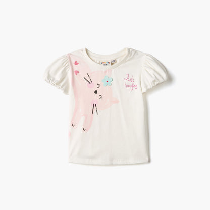 Juniors Cat Print T-shirt with Balloon Sleeves - White / 12-18 mths