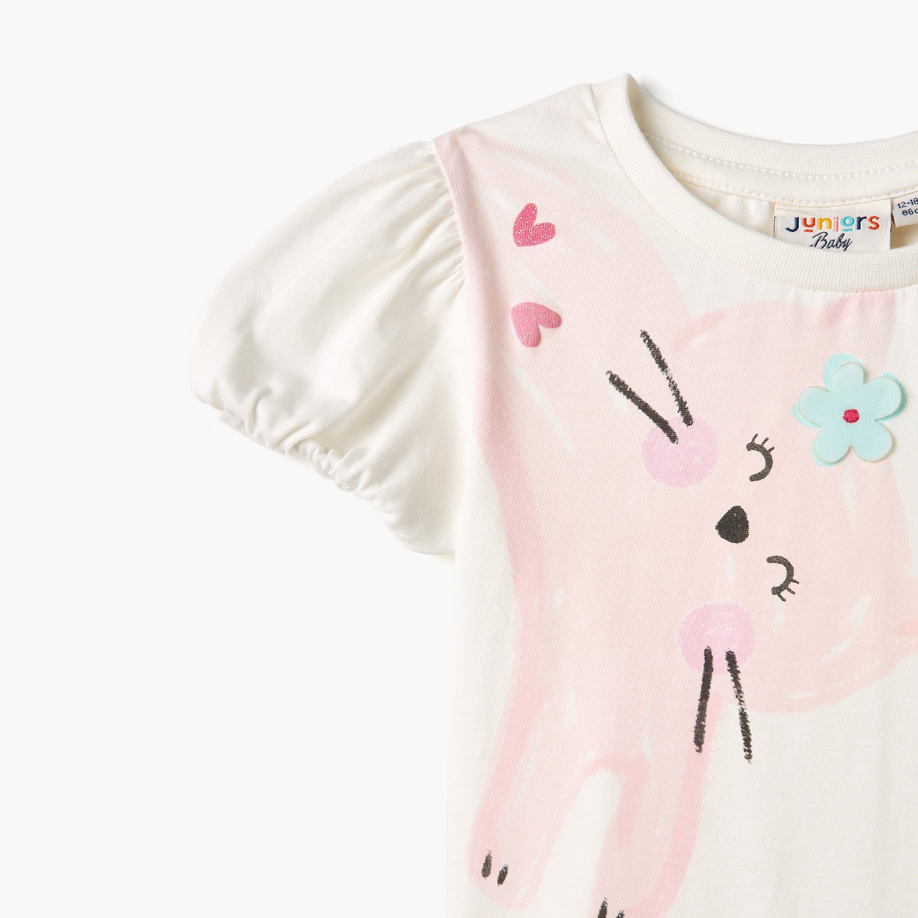 Juniors Cat Print T-shirt with Balloon Sleeves