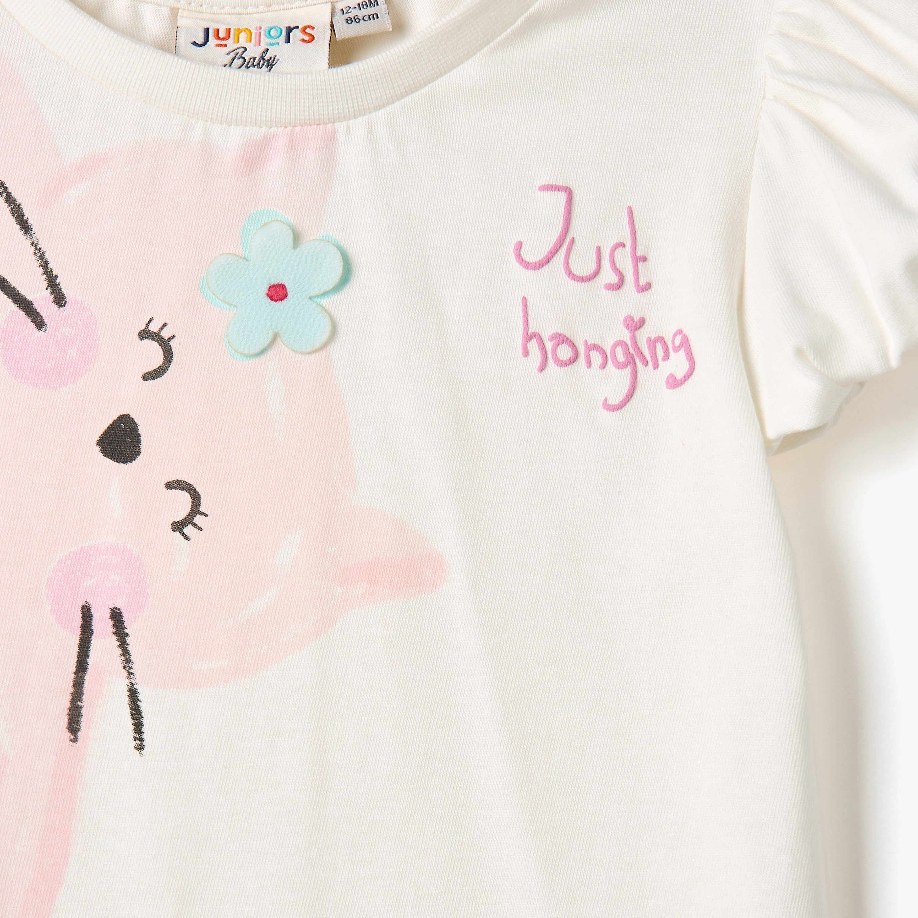 Juniors Cat Print T-shirt with Balloon Sleeves