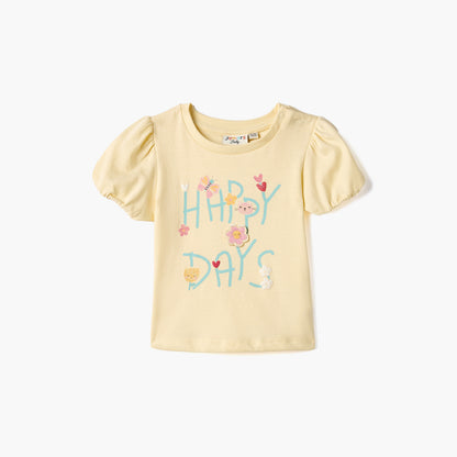 Juniors Graphic Print T-shirt with Puff Sleeves - Yellow / 12-18 mths