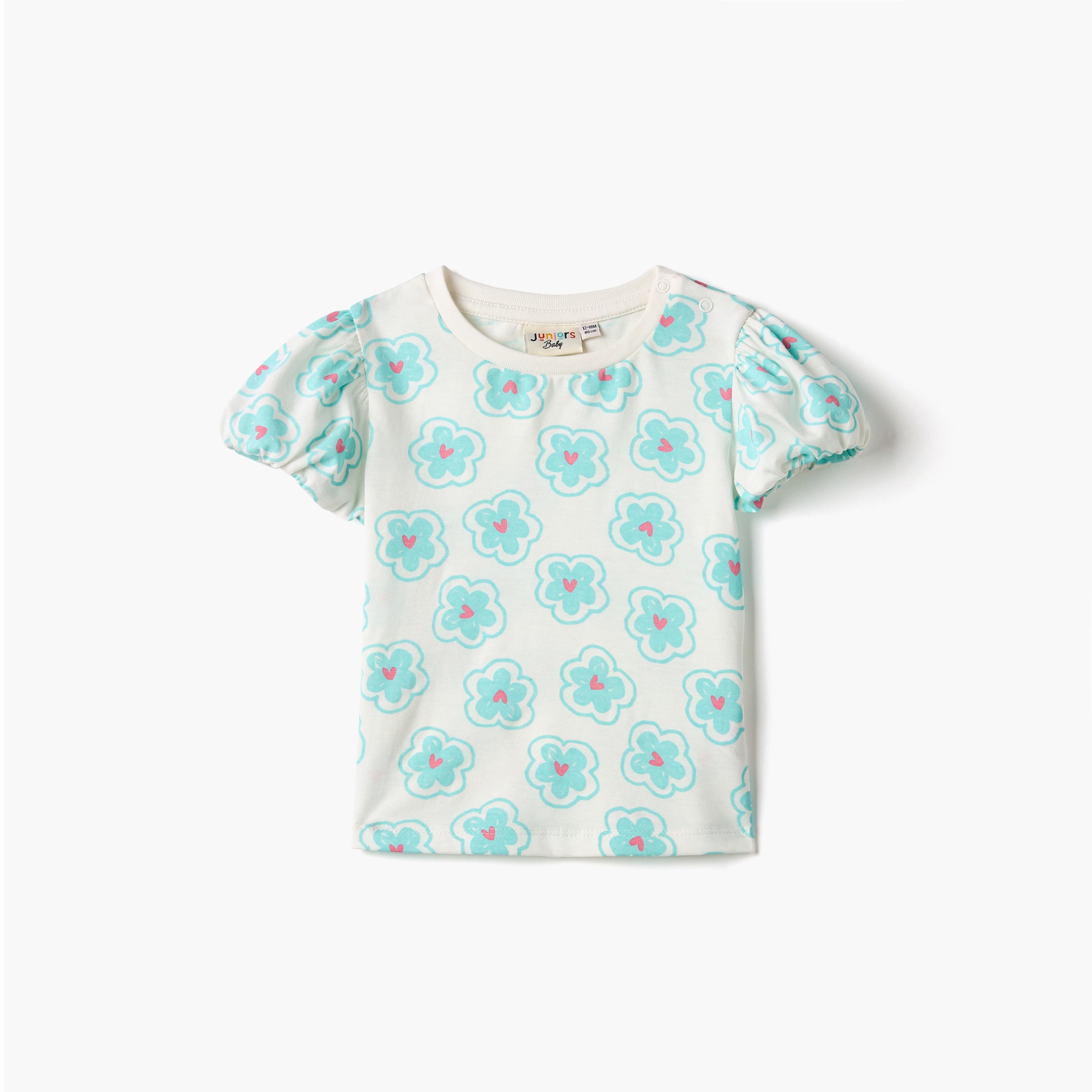 Juniors All-Over Floral Print T-shirt with Puff Sleeves - Multicolour / 12-18 mths