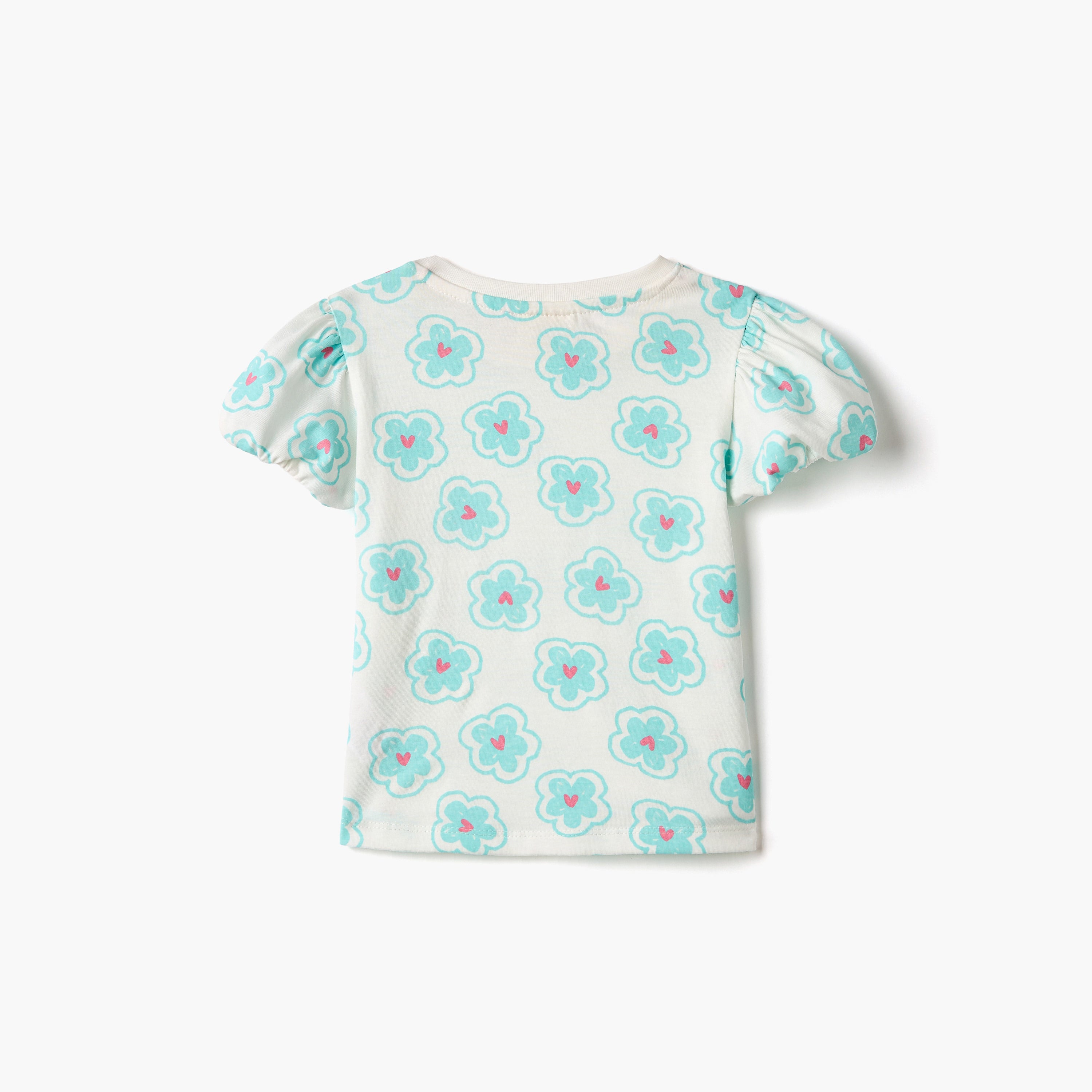 Juniors All-Over Floral Print T-shirt with Puff Sleeves