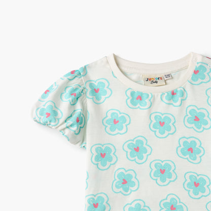 Juniors All-Over Floral Print T-shirt with Puff Sleeves