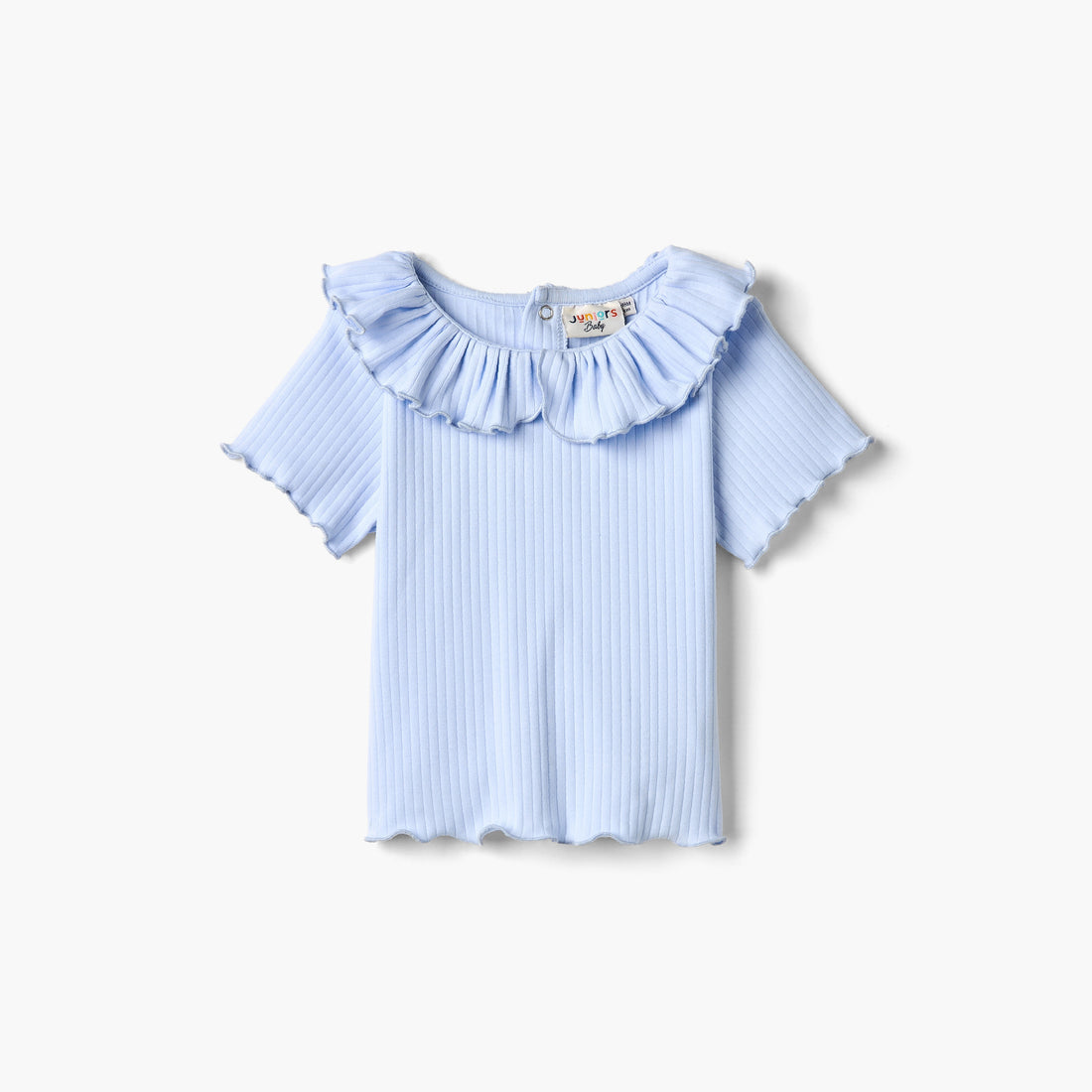 Juniors Ribbed T-shirt with Ruffled Neck and Lettuce Trim - Blue / 12-18 mths