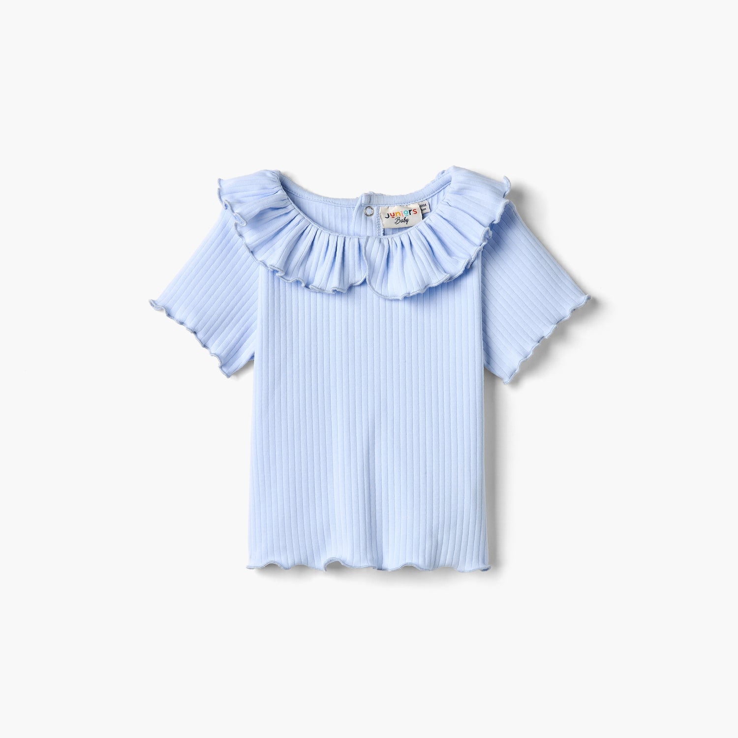Juniors Ribbed T-shirt with Ruffled Neck and Lettuce Trim - Blue / 12-18 mths