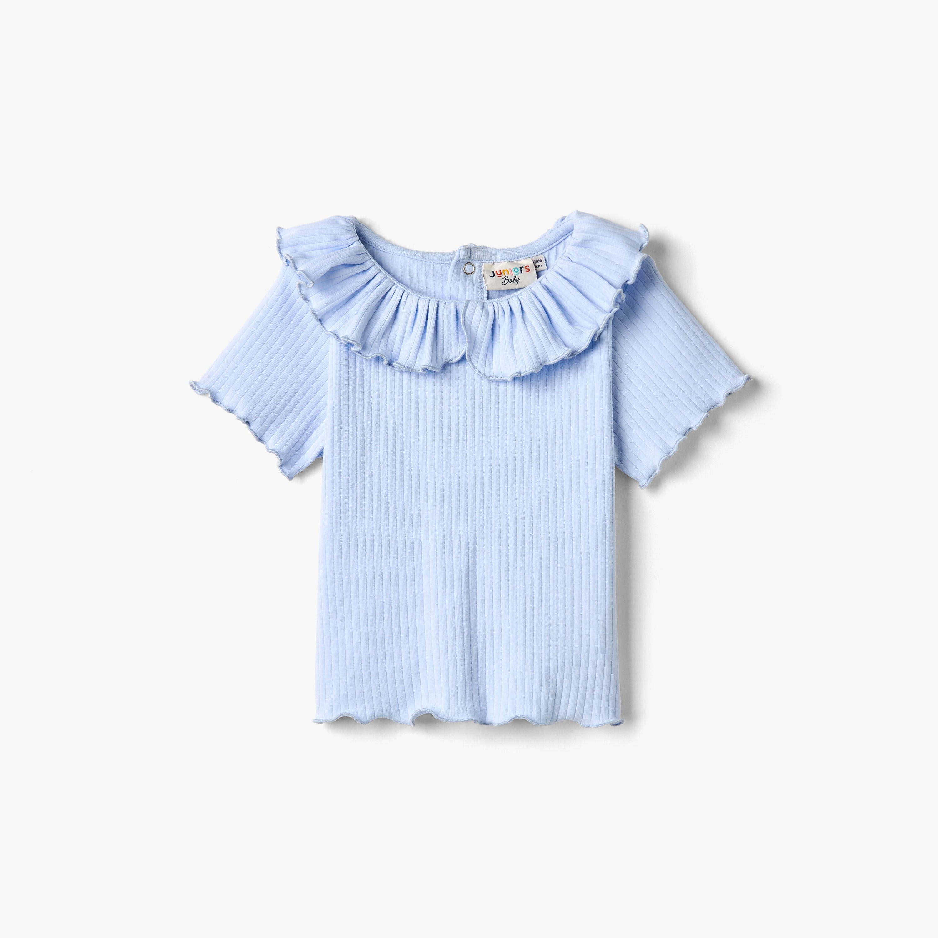 Juniors Ribbed T-shirt with Ruffled Neck and Lettuce Trim - Blue / 12-18 mths