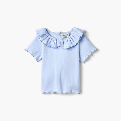 Juniors Ribbed T-shirt with Ruffled Neck and Lettuce Trim - Blue / 12-18 mths