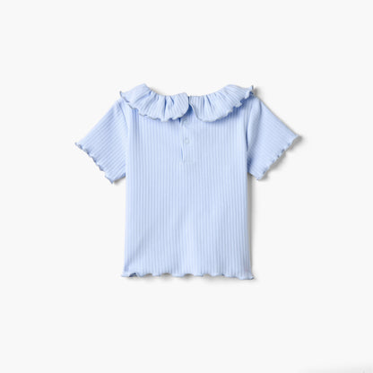Juniors Ribbed T-shirt with Ruffled Neck and Lettuce Trim