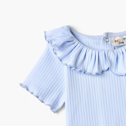 Juniors Ribbed T-shirt with Ruffled Neck and Lettuce Trim