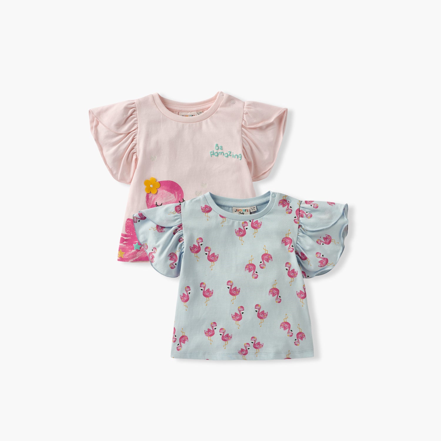Juniors Flamingo Print T-shirt with Puff Sleeves - Set of 2 - Multicolour / 12-18 mths
