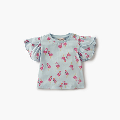 Juniors Flamingo Print T-shirt with Puff Sleeves - Set of 2