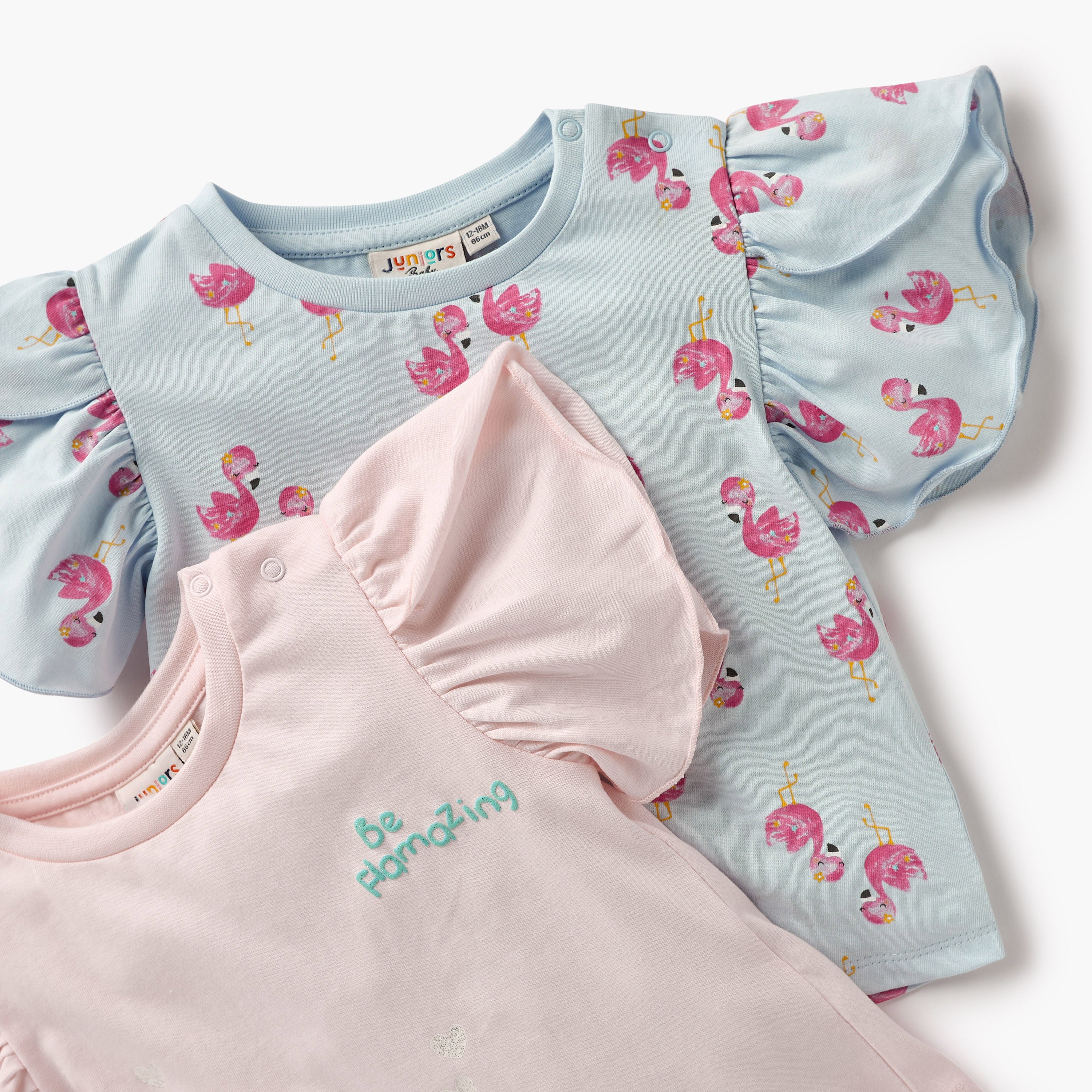 Juniors Flamingo Print T-shirt with Puff Sleeves - Set of 2