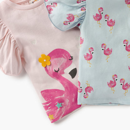 Juniors Flamingo Print T-shirt with Puff Sleeves - Set of 2