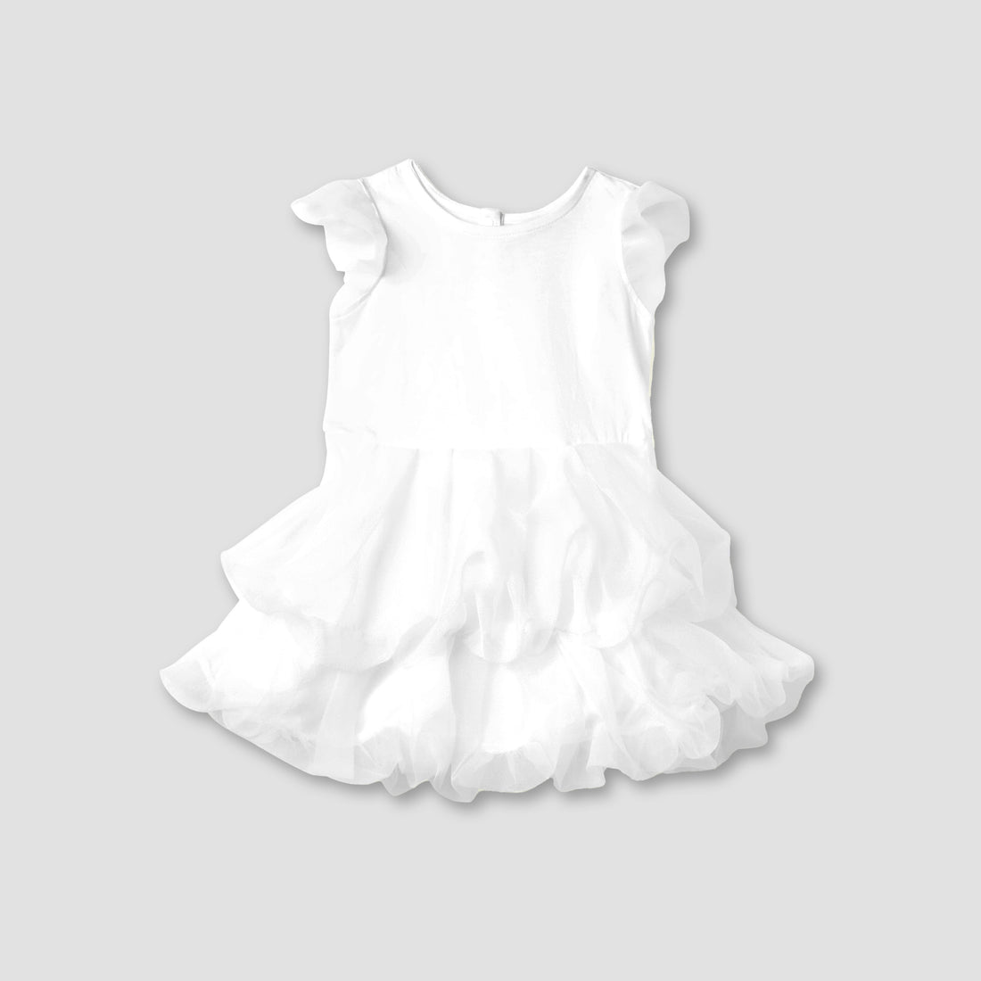 Juniors Solid Round Neck Dress with Short Sleeves and Ruffle Detail - White / 18-24 mths