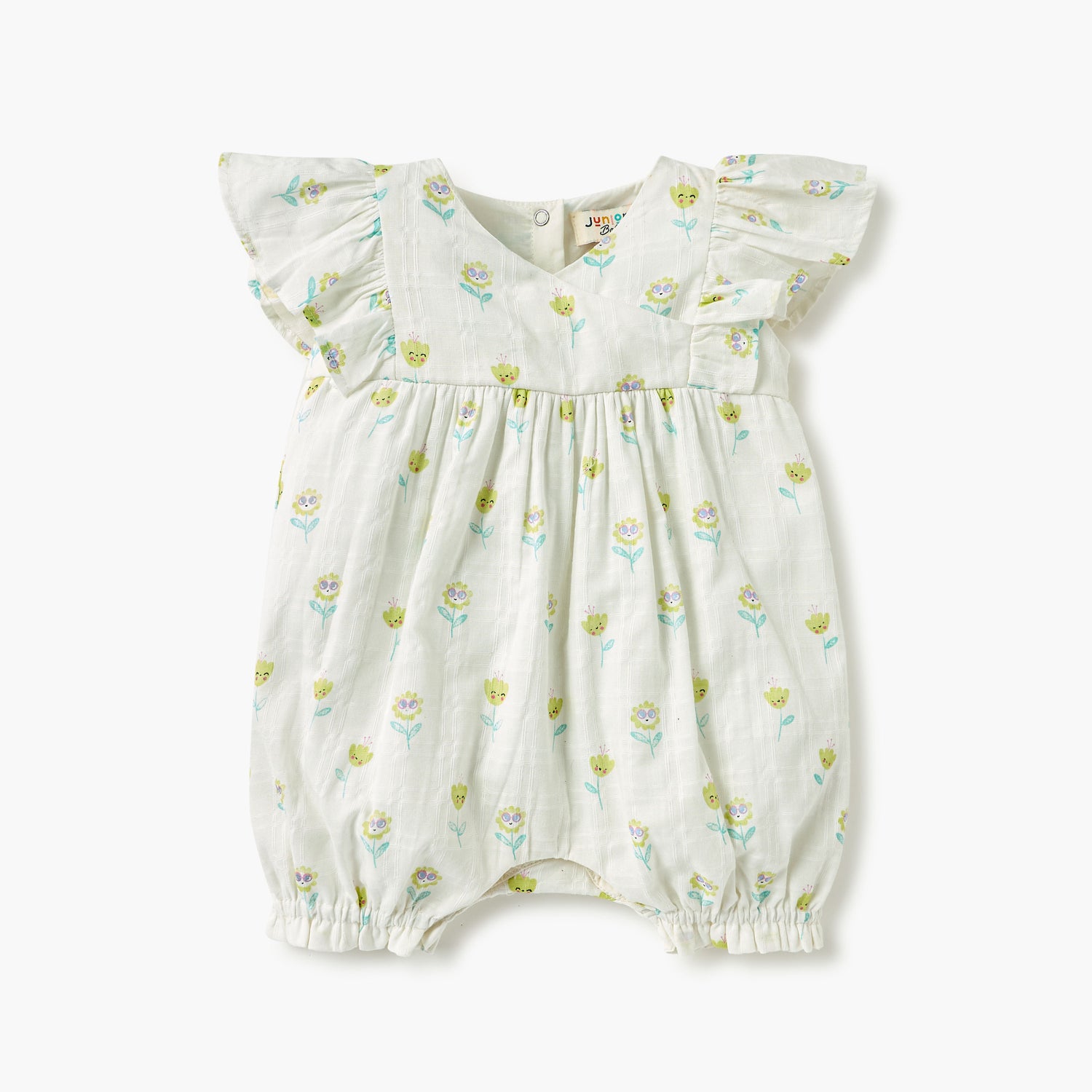 Juniors Floral Print Romper with V-neck and Short Sleeves - White / 12-18 mths