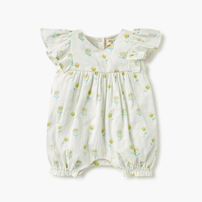 Juniors Floral Print Romper with V-neck and Short Sleeves - White / 12-18 mths