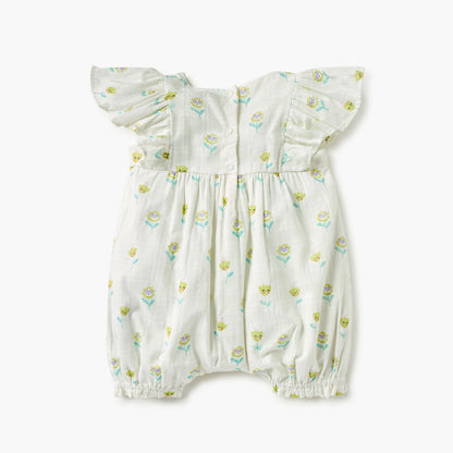 Juniors Floral Print Romper with V-neck and Short Sleeves