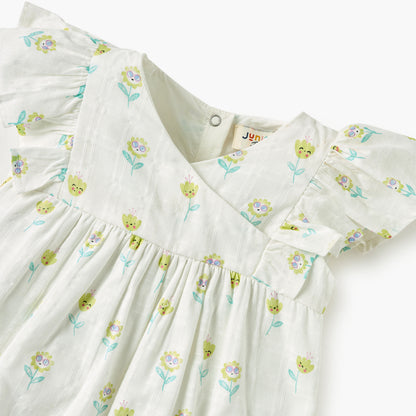 Juniors Floral Print Romper with V-neck and Short Sleeves
