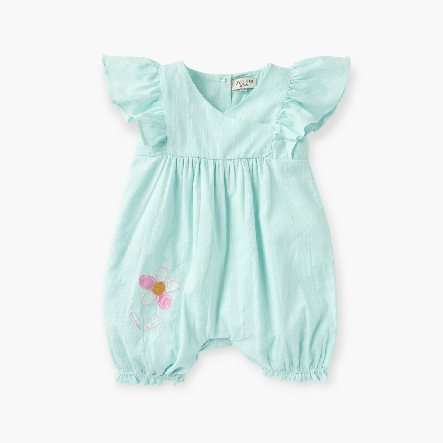 Juniors Floral Embroidered Romper with Ruffle Sleeves - Green / 12-18 mths