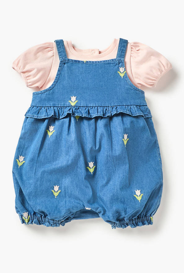 Juniors Embroidered Dungaree and T-shirt Set