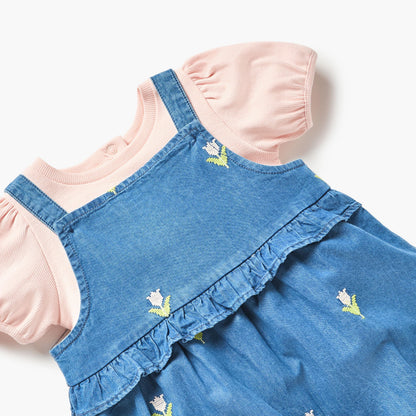 Juniors Embroidered Dungaree and T-shirt Set