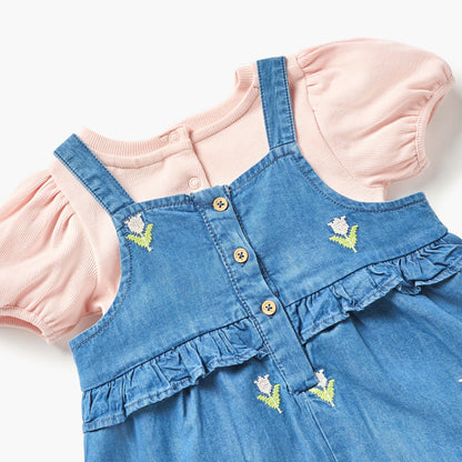 Juniors Embroidered Dungaree and T-shirt Set