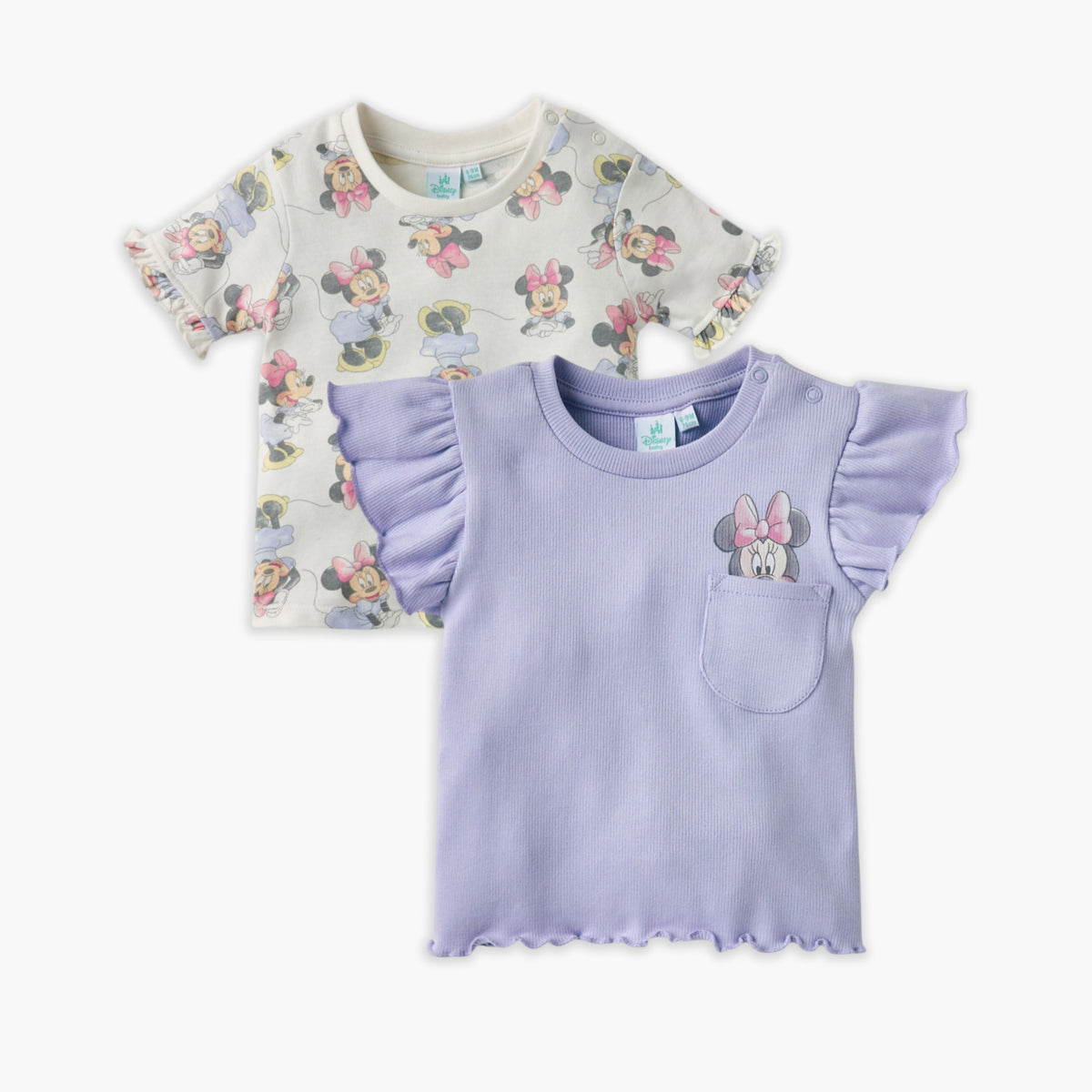 Disney Minnie Mouse Print Crew Neck T-shirt with Button Closure - Set of 2