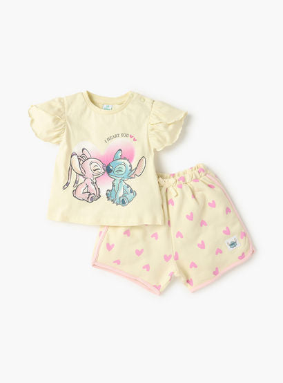 Disney Stitch and Angel Print T-shirt and Shorts Set-baby-girls-clothing-setsandcoords-image-1